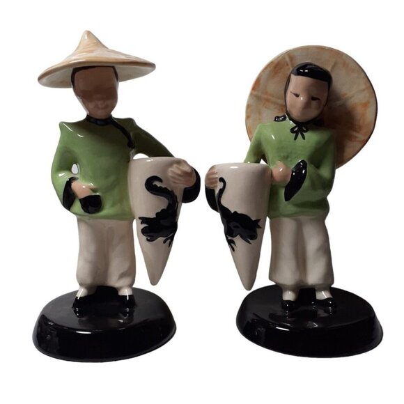 VTG Mid Century Vilas Glazed Art Pottery Asian Man Woman Pair1940s 1950s 9"